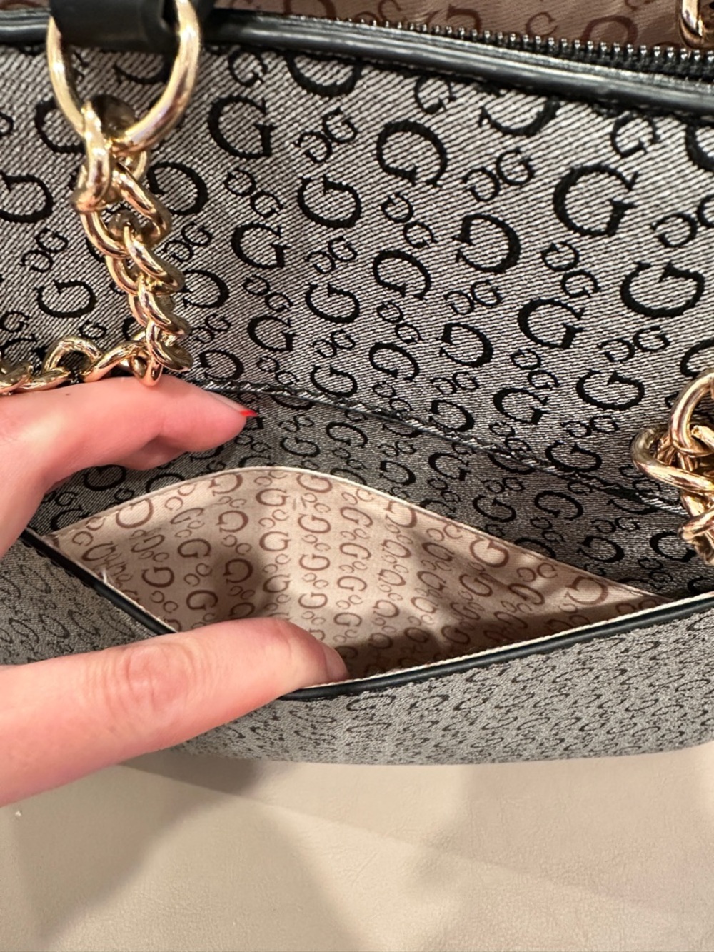 GUESS Black and Gray Logo Stripe Tote with Gold Chain Accents - Picture 5 of 8